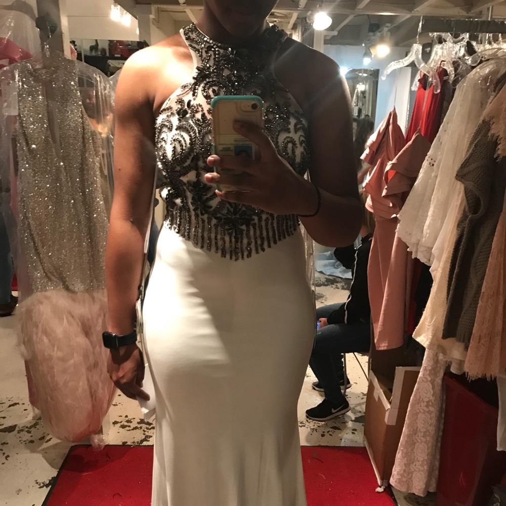 White high neck prom dress with cutouts